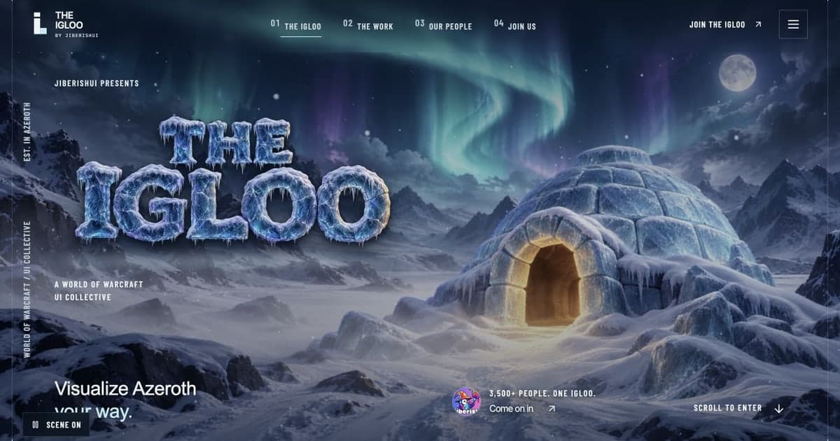 The Igloo homepage with an illuminated igloo beneath the northern lights and a sculpted ice wordmark.